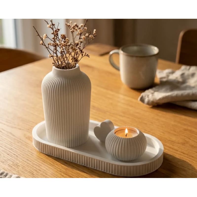 Kit Decorativo Japandi - Vaso Canelado + Bandeja Oval + Porta Vela