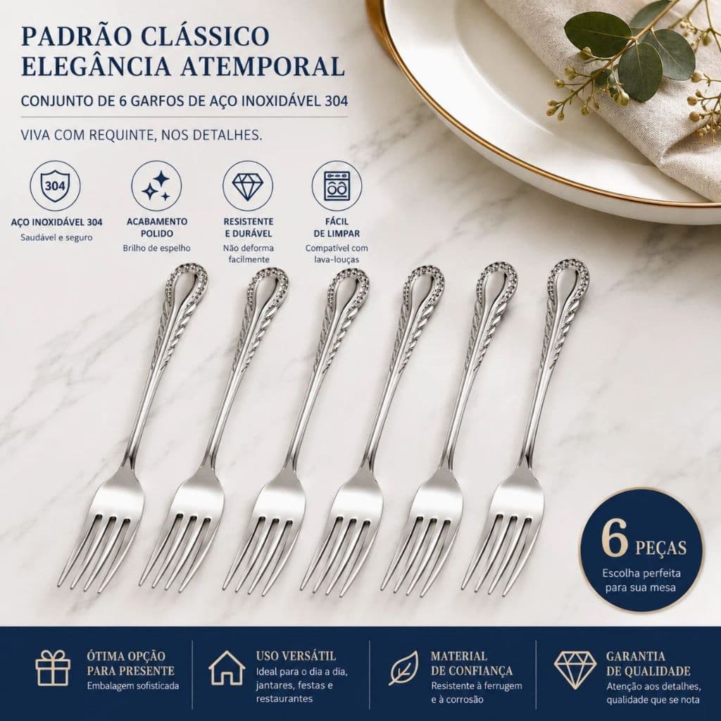 Kit 6 Garfos de Mesa Talher Aço Inox  para Cozinha Restaurante