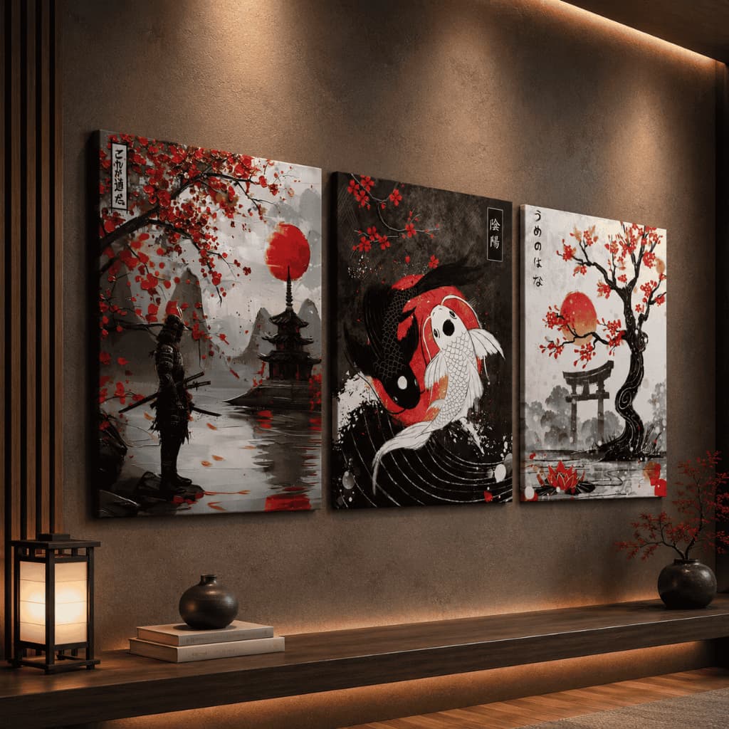 Quadro Decorativo Samurai Carpas Koi Sakura Sol Vermelho Arte Oriental 3 Peças Premium Sala Quarto