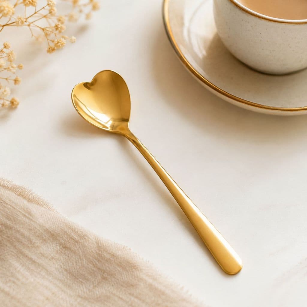 Colher de Chá ou Café Dourada Coração Aço Inox Sobremesa Luxo