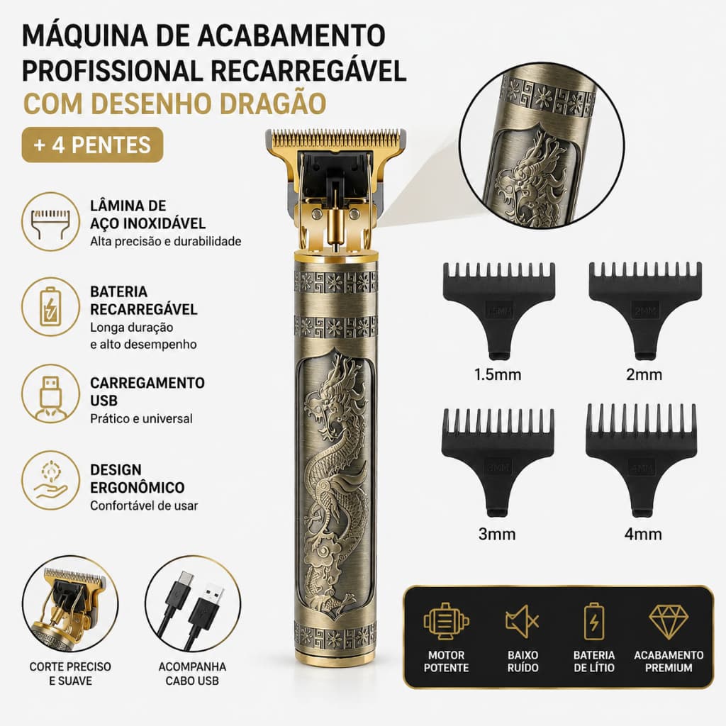 Máquina de Acabamento Profissional Recarregável com Desenho Dragão + 4 Pentes