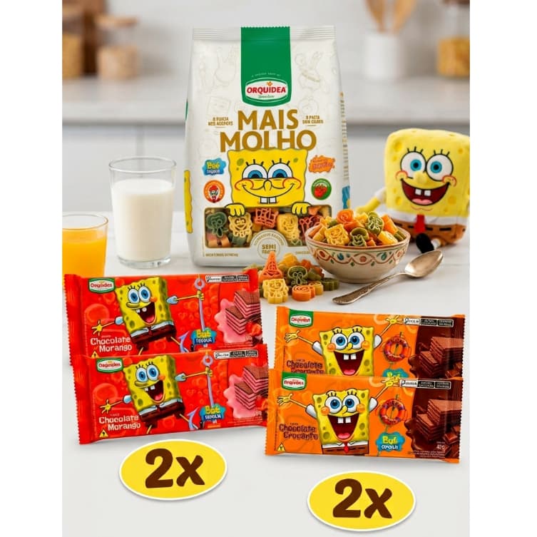 Macarrão Do Bob Esponja Orquídea 400g + 4 Biscoito Wafer Chocolate E Morango 90g cada Massa Orquídea