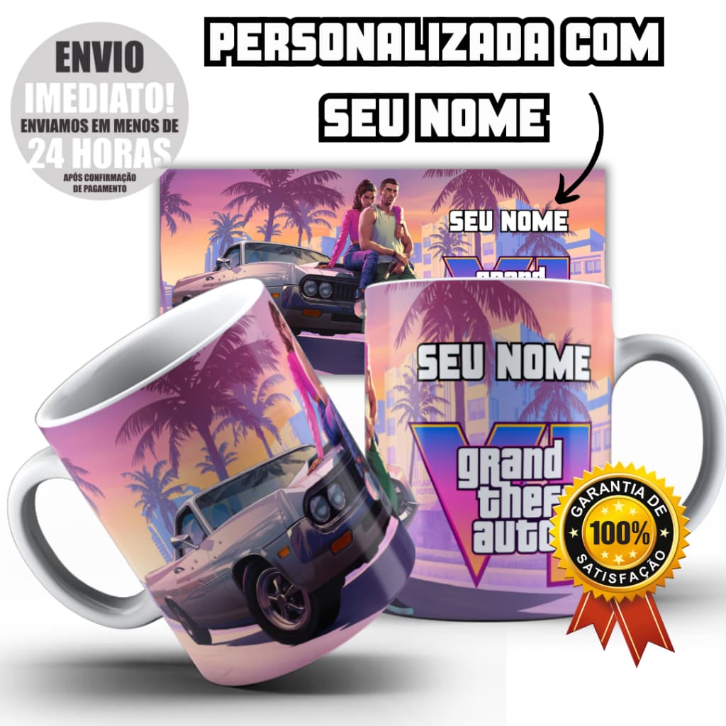 Caneca Xícara Personalizada COM NOME GTA VI 6 Grand Theft Auto Jogo Lançamento Jason Lucia Várias Estampas Envio em 24h