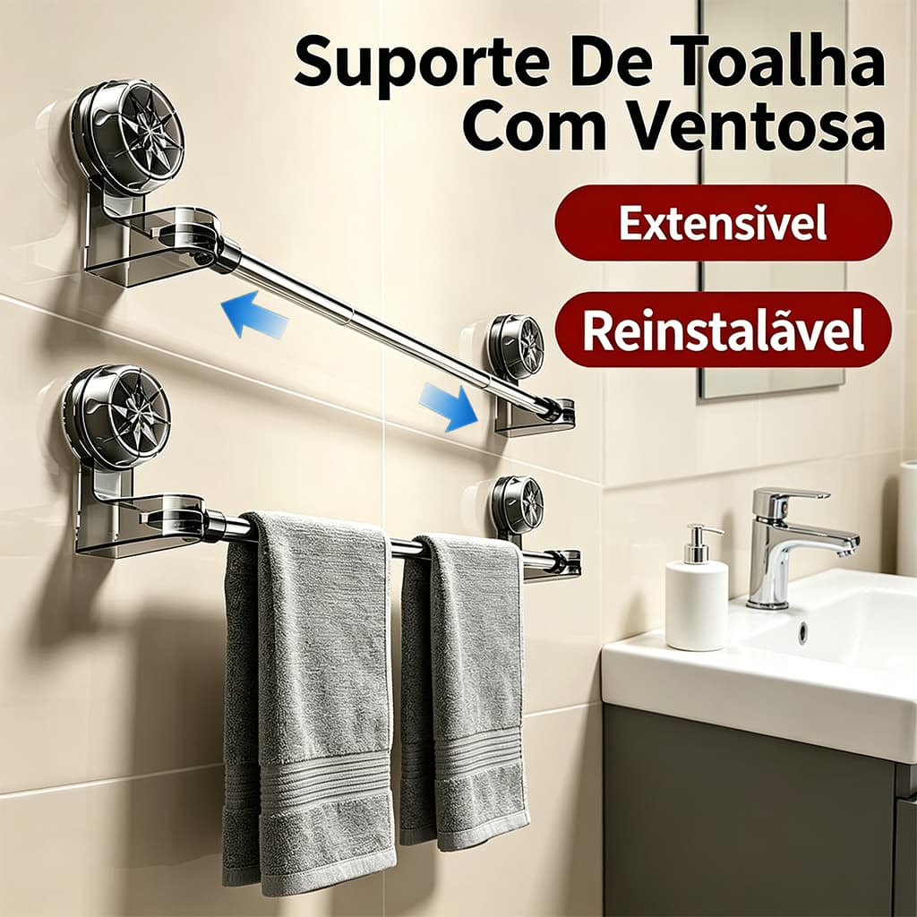 Toalheiro Suporte Porta Toalha Com Ventosa Sucção Retrátil,Não Perfurada Com Haste Removível Inox
