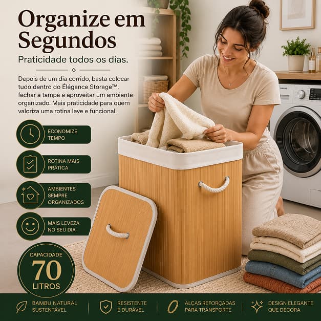 Cesto Organizador de Roupas Bambu 70L Tampa Alças Reforçadas Design Moderno