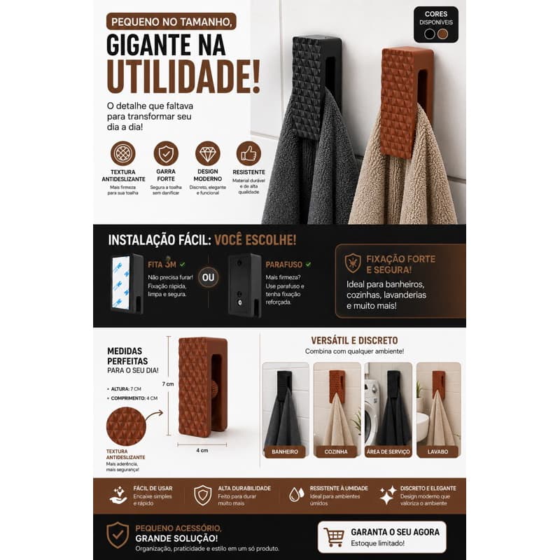 Suporte Toalha Banheiro | Gancho Para Toalha De Rosto e Toalha De Banho | Fixação Fácil