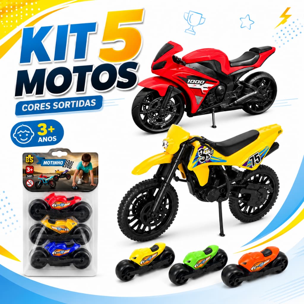 Kit Motos de Brinquedo Menino Moto Esportiva e Moto de Trilha +3 Mini Brinquedos Atacado Resistente