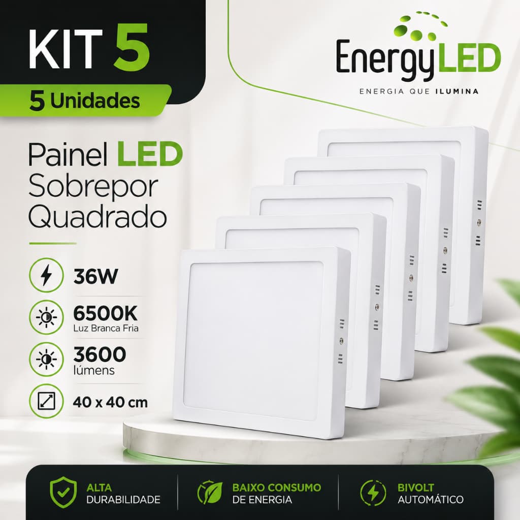 Kit 5 Painel LED Sobrepor 36W 40x40 para Escritório Cozinha Loja Branco Frio 6500K Bivolt EnergyLED