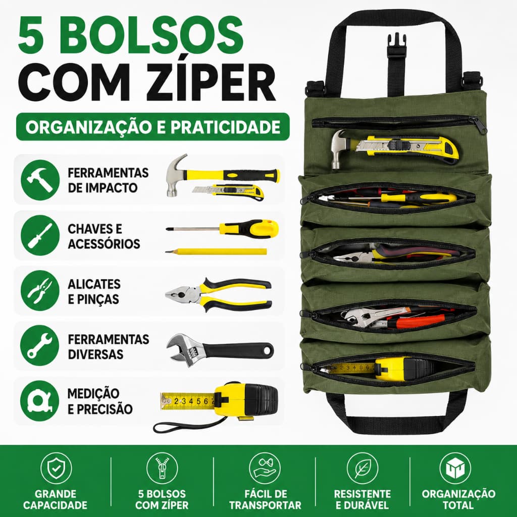 Bolsa de Ferramentas em Rolo Impermeável – Organizador com Zíper, Alça e Grande Capacidade