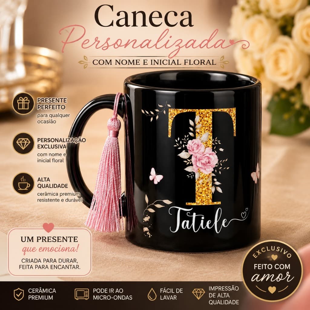 Caneca Preta Personalizada Com Nome Inicial Letra Floral Presente Luxo