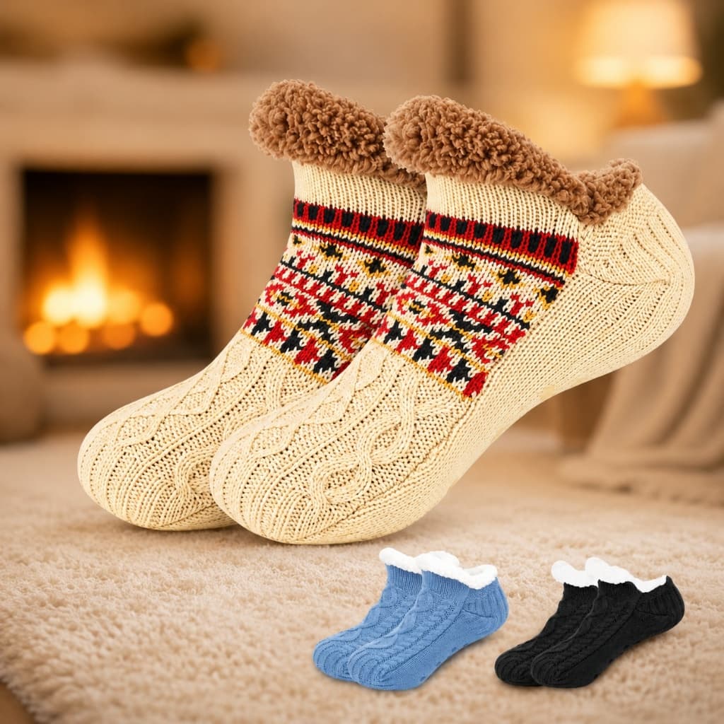 Meia Pantufa Antiderrapanete Lã Carneirinho Forrada Térmica Quentinha Tricot Cores Variadas Para Inverno Lançament