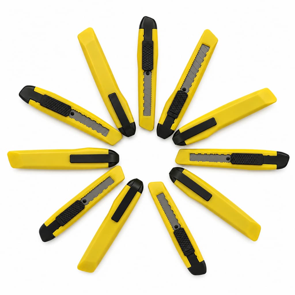 KIT 5 10 20 Mini Estilete Pequeno c/ Lâmina 9mm Amarelo c/ Clipe Presilha p/ Bolso e Cinto 10,5cm Total EDC