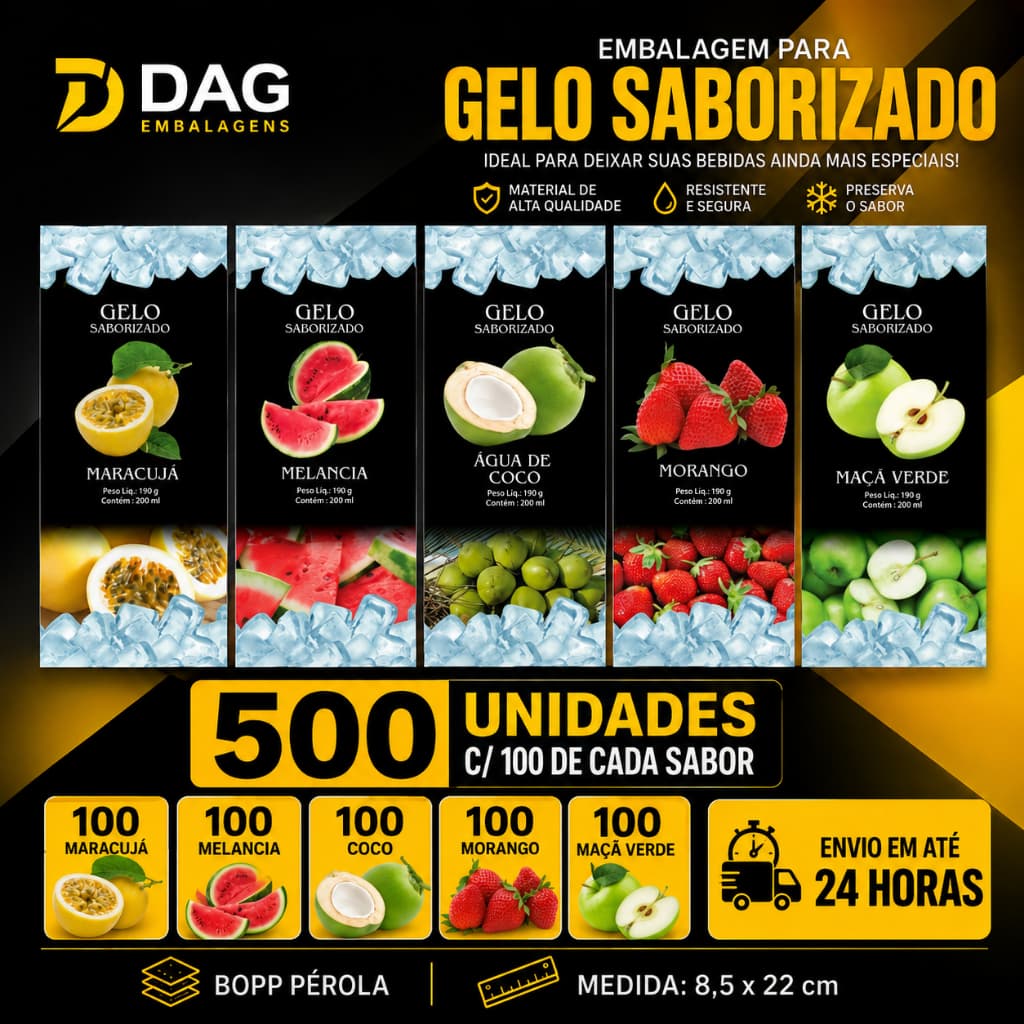 Embalagem para Gelo Saborizado Pacote com 200 Unidades medida 8,5 x 22 cm Bopp Pérola