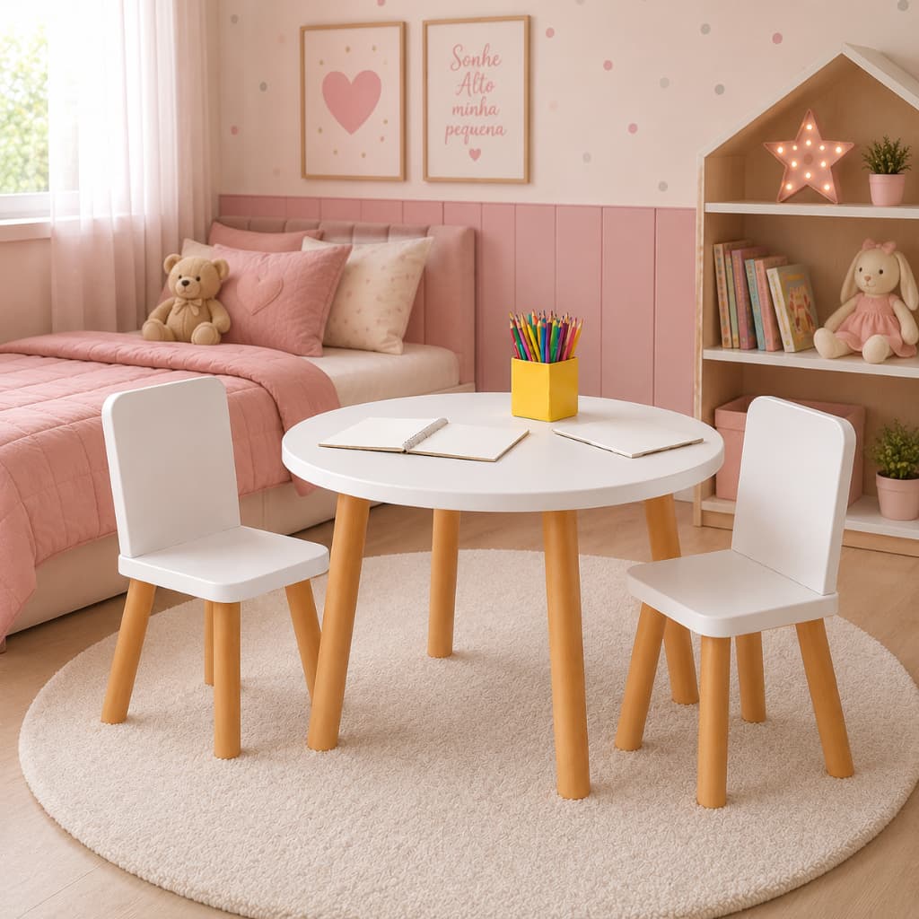 Mesa Infantil  MDF com 2  Cadeiras Branco Pés Madeira Pinus Criança Estudo e Desenho