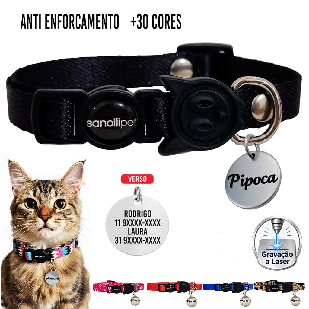 Coleira De Gato Com Identificação Em Aço Cor Prata Laser Nome Premium Preto Luxo
