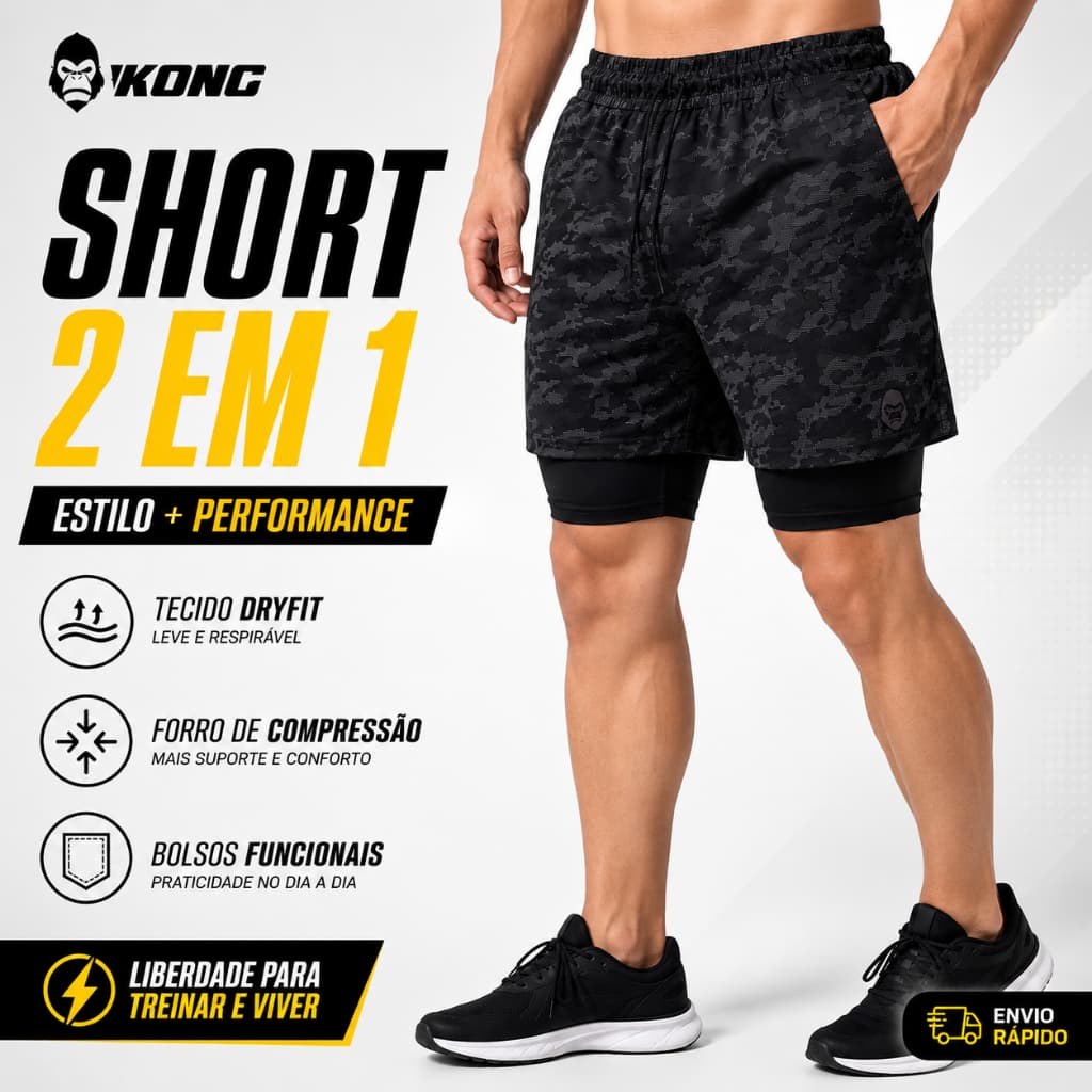 Short Kong 2 em 1 Dryfit Fitness Pro para Atividades Esportivas