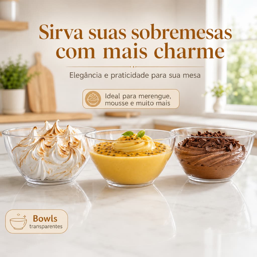 Kit Bowls Sobremesa Transparente Cristal 350ml Saladeira Para Mousse Merengue
