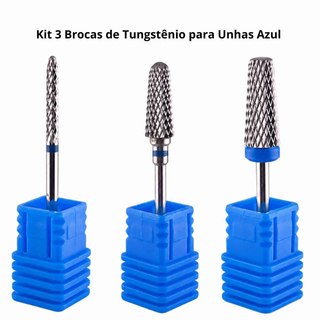 Kit com 3 Brocas de Tungstênio para Unhas Azul –  Acabamento e Curvatura