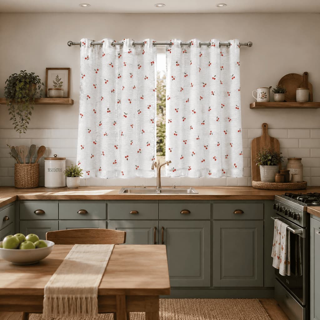 Cortina Cozinha Piquet Cereja 2,40x1,20 - Cortina para Janela Sala Quarto Algodão Estampada