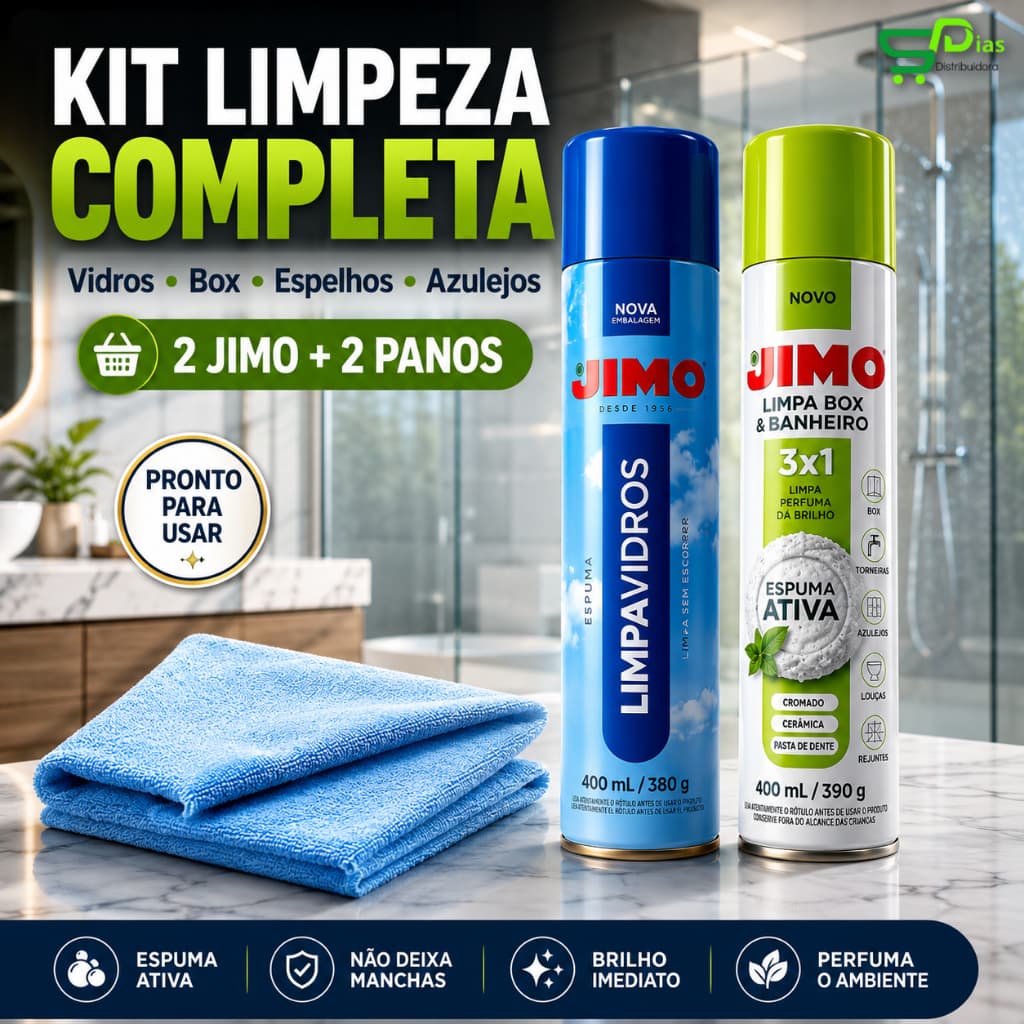 Kit Limpeza Completa Banheiro | Jimo Limpa Vidros e Box 3x1 + 2 Panos Microfibra Grátis