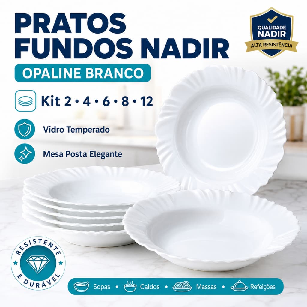 Kit 2/4/6/8/12 Pratos Menu Fundo 23cm  Nadir Opaline Branco Vidro Temperado Hotel Sopa Caldo