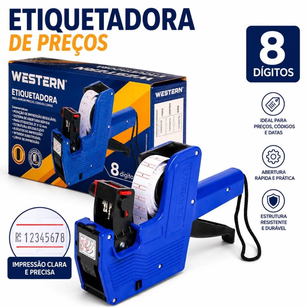 Etiquetadora Manual De Preços 8 Dígitos + Refil + Etiquetas Importada Western Etilux