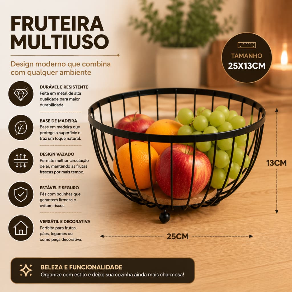 Fruteira Multiuso Metal 25x13cm Moderna e Decorativa para Cozinha Organizada Qualidade Premium