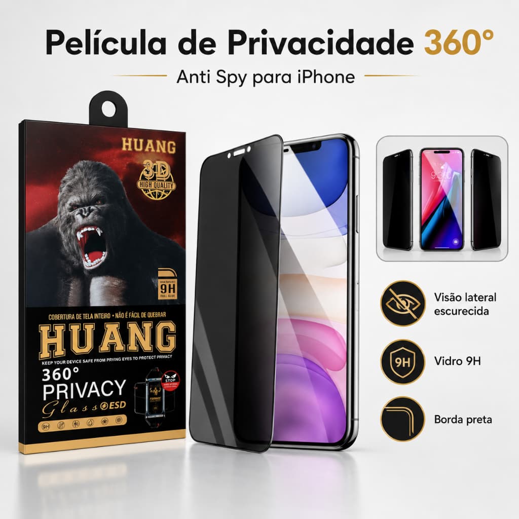 Película Vidro Privacidade 360 Anti Spy iPhone 7 8 Plus XR XS 11 12 13 14 15 16 Pro Max