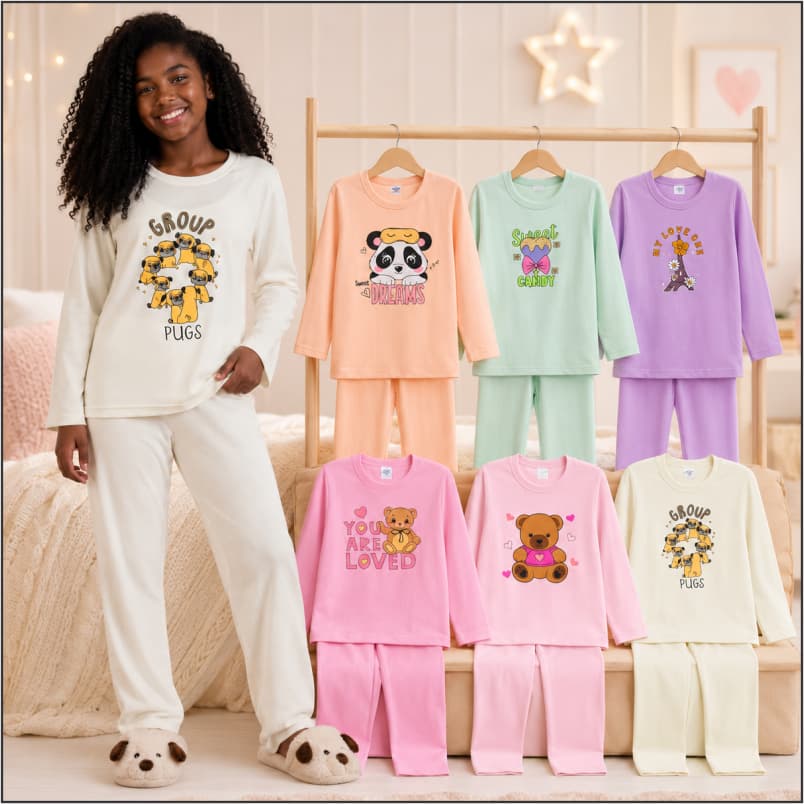 Pijama Moletom Feminino Juvenil  Peluciado Comprido Roupa De Inverno Frio Infantil Menina Quentinho