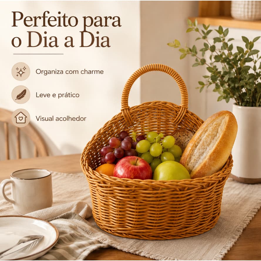 Cesta Organizadora de Bambu com Alça Decorativa Multiuso para Cozinha, Sala e Banheiro