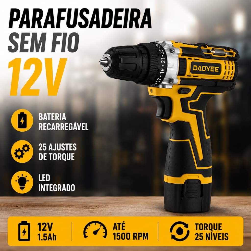 Furadeira Parafusadeira  Sem Fio 12V Recarregável Bateria Integrada 25 Torques LED Bivolt