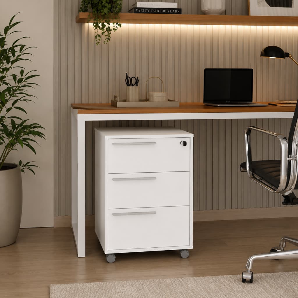 Gaveteiro Organizador 3 Gavetas com Chave e Rodízios Escritório Home Office Pastas Suspensas Cores