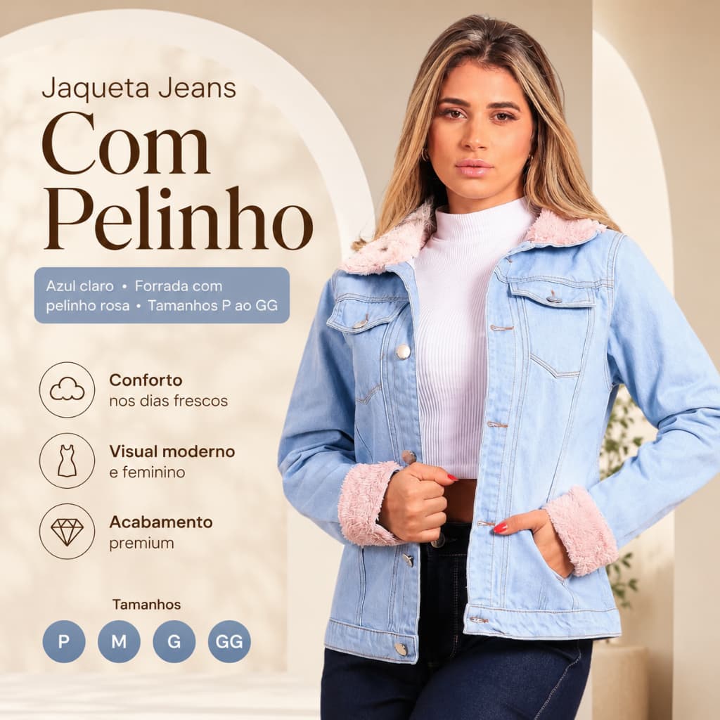Jaqueta Jeans feminina sem lycra com pelinho rosa
