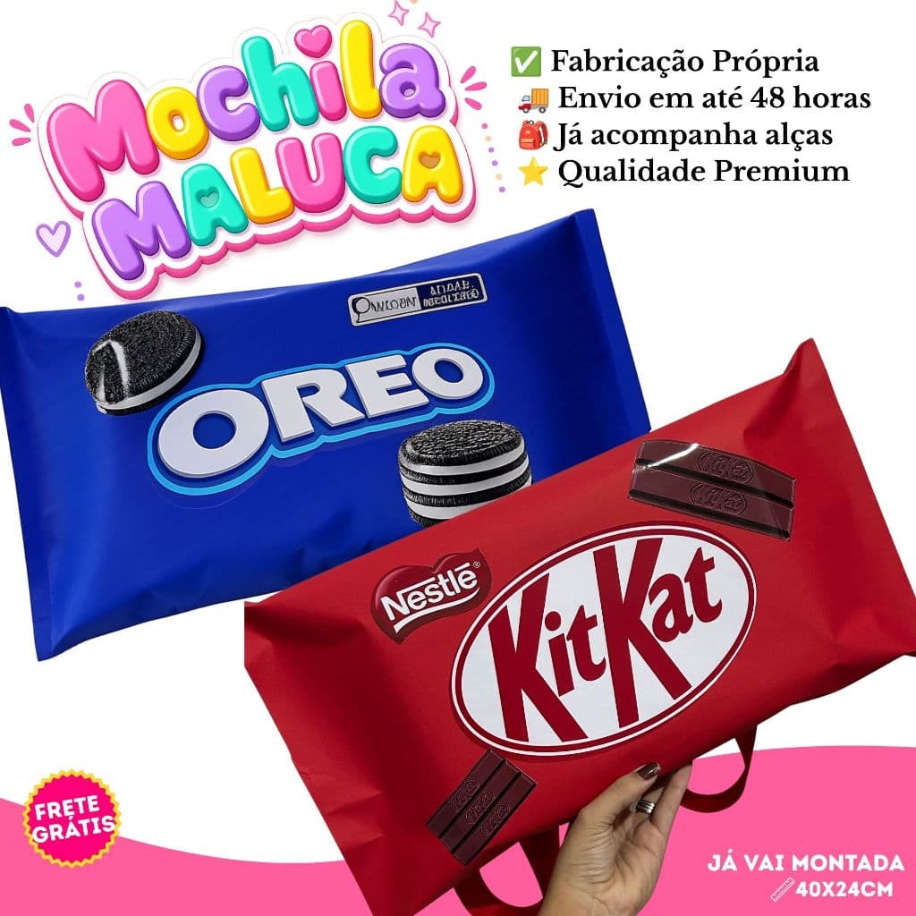 Mochila Maluca KIT KAT & OREO  Infantil 40x24xcm l Já Pronta - Envio 48 horas