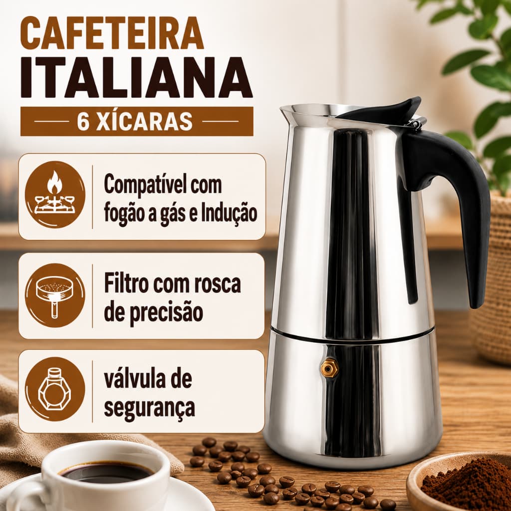Cafeteira Italiana 6 Xícaras Café Expresso Moka em Alumínio e Aço Inox Fogão a Gás 300ml e Indução