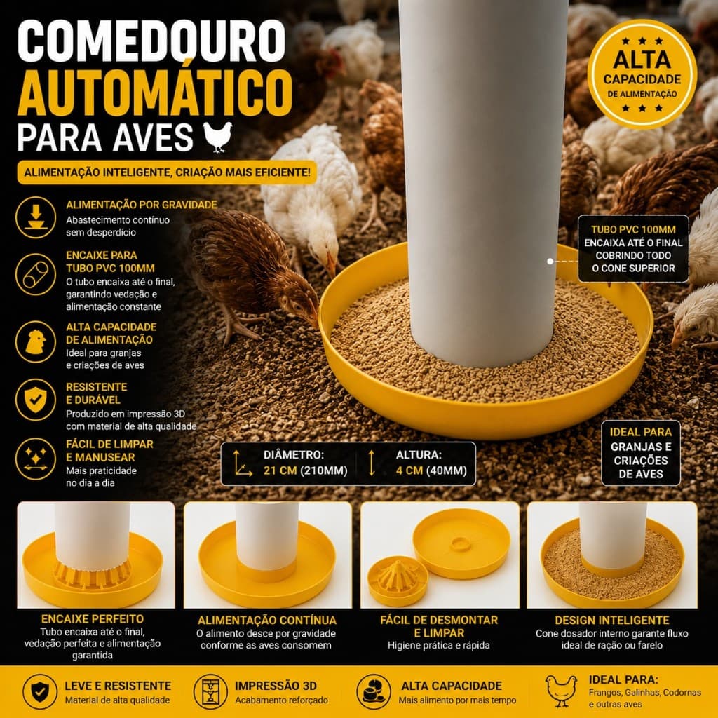 Tratador Para Aves Frangos Galinha Anti Desperdicio Forte Encaixe para Tubo PVC 100mm – Alta Capacidade