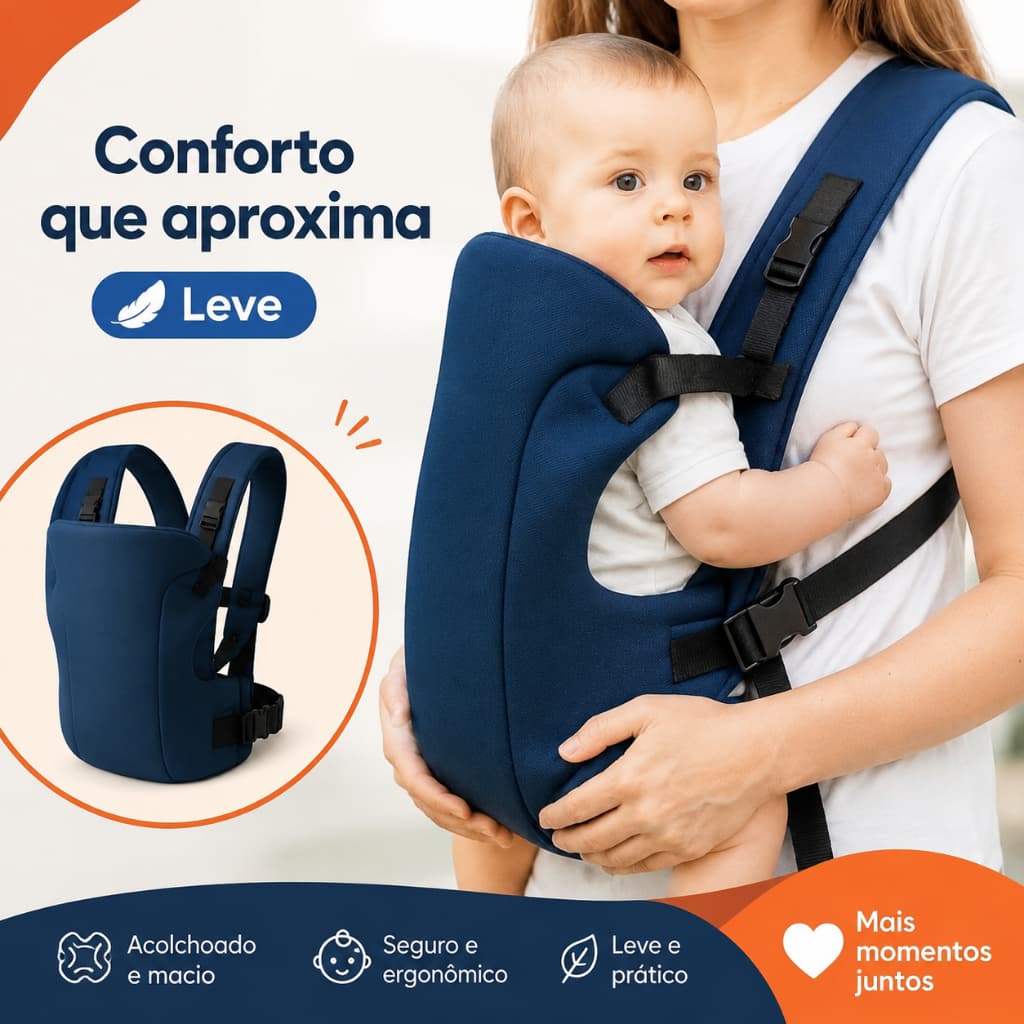 Porta Bebê Canguru Ergonômico Alças Ajustáveis Fecho Rápido em Velcro Seguro e Confortável