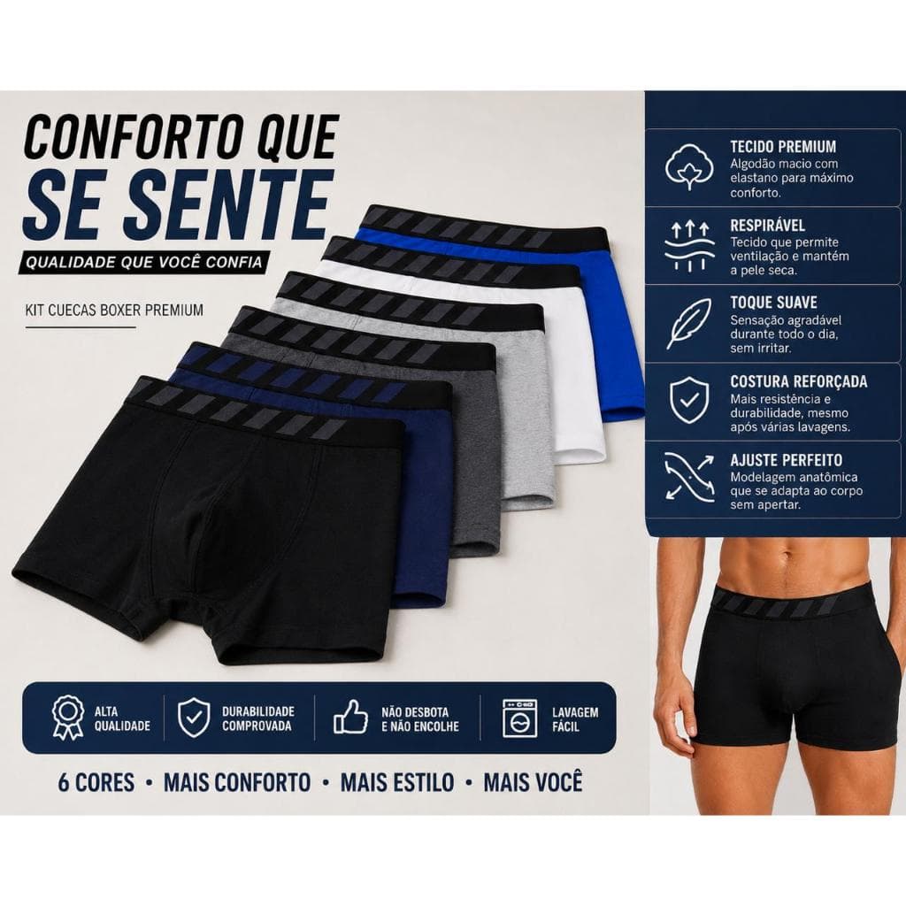 Kit 6 Cuecas Boxer Premium Masculina Algodão com Elastano 6 Cores Conforto