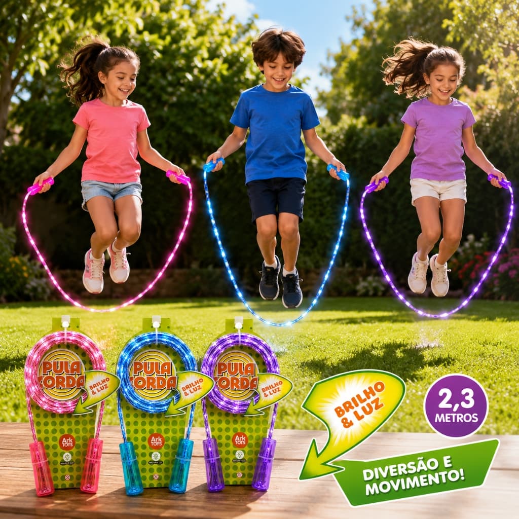 Pula Corda Infantil com Luz LED e Brilho 2,3m Brinquedo para Exercícios e Diversão – 3 Cores