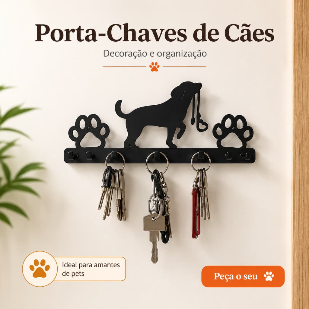 Porta-Chaves Decorativo de Parede Cachorro Pet Organizador com Ganchos