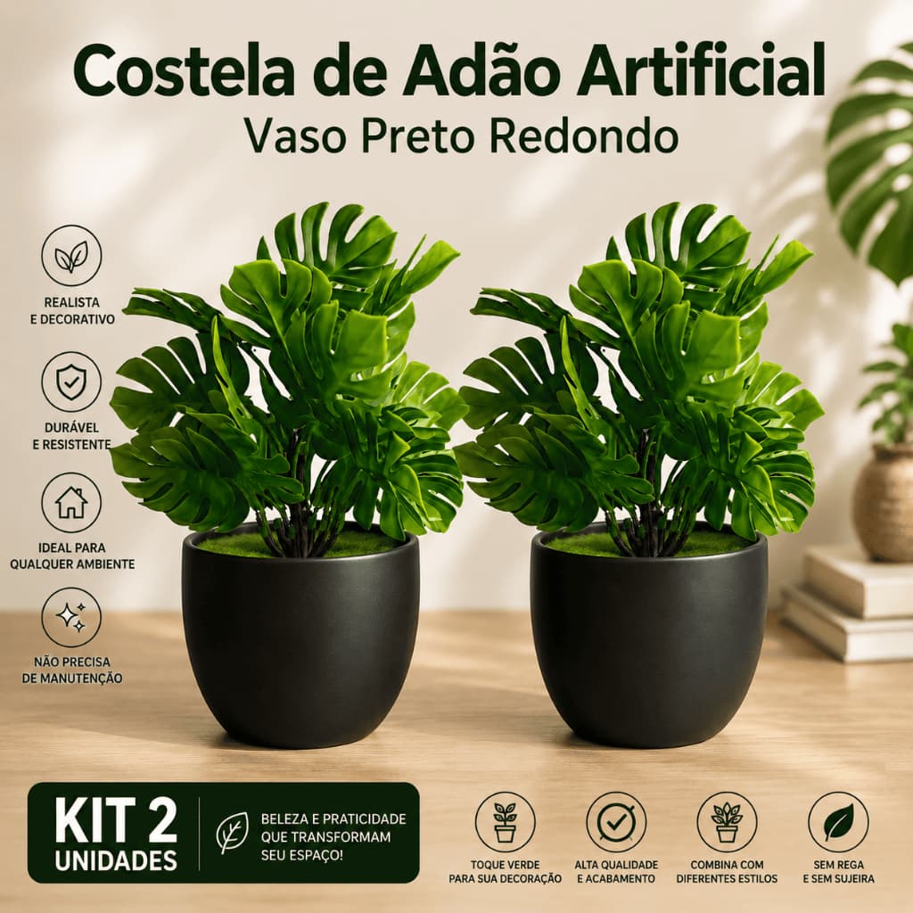 Kit 2 Plantas Decorativas Costela de Adão Artificial Vaso Preto Redondo Beleza sem Cuidados