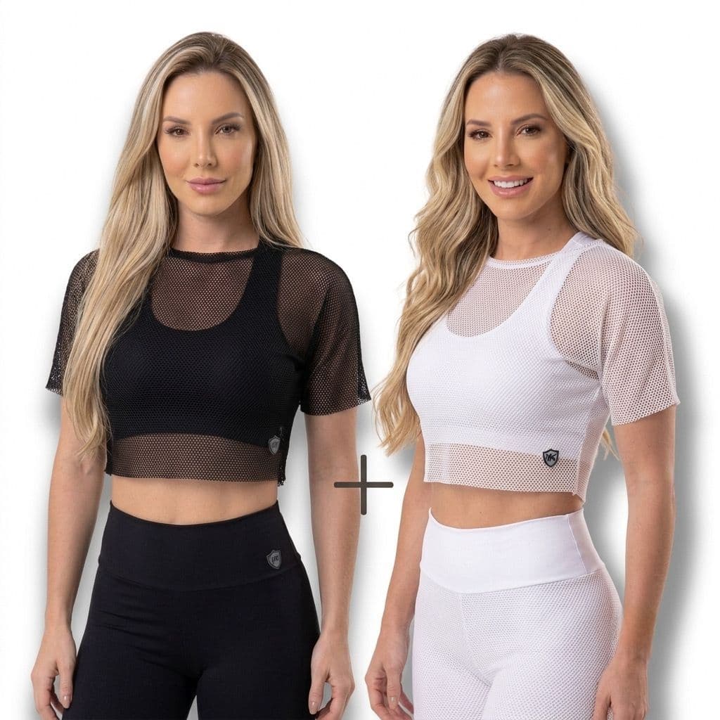 KIT 2 BLUSAS FEMININA PRETO BRANCO TULE ARRASTÃO TRANSPARENTE  ACADEMIA FITNESS TREINO SOBREPOSIÇÃO