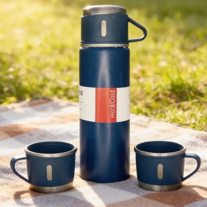 Kit Garrafa Térmica Com Capacidade para 500ml Em Inox Com 3 Xícaras Canecas Presente Ideal