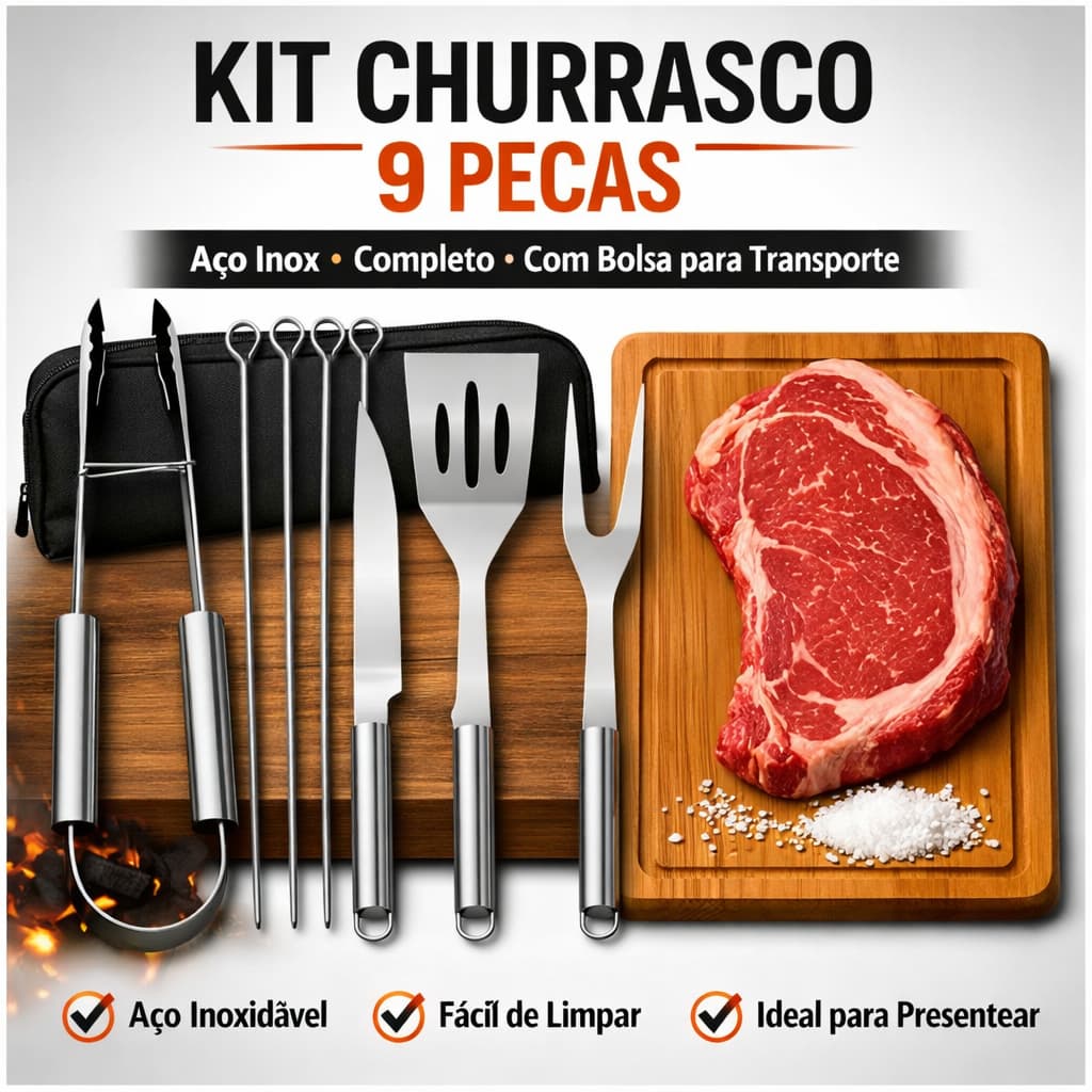 Kit Jogo de Churrasco 9 Peças Inox C/ Bolsa Kit Completo Utensílios De Churrasco e Camping Presente