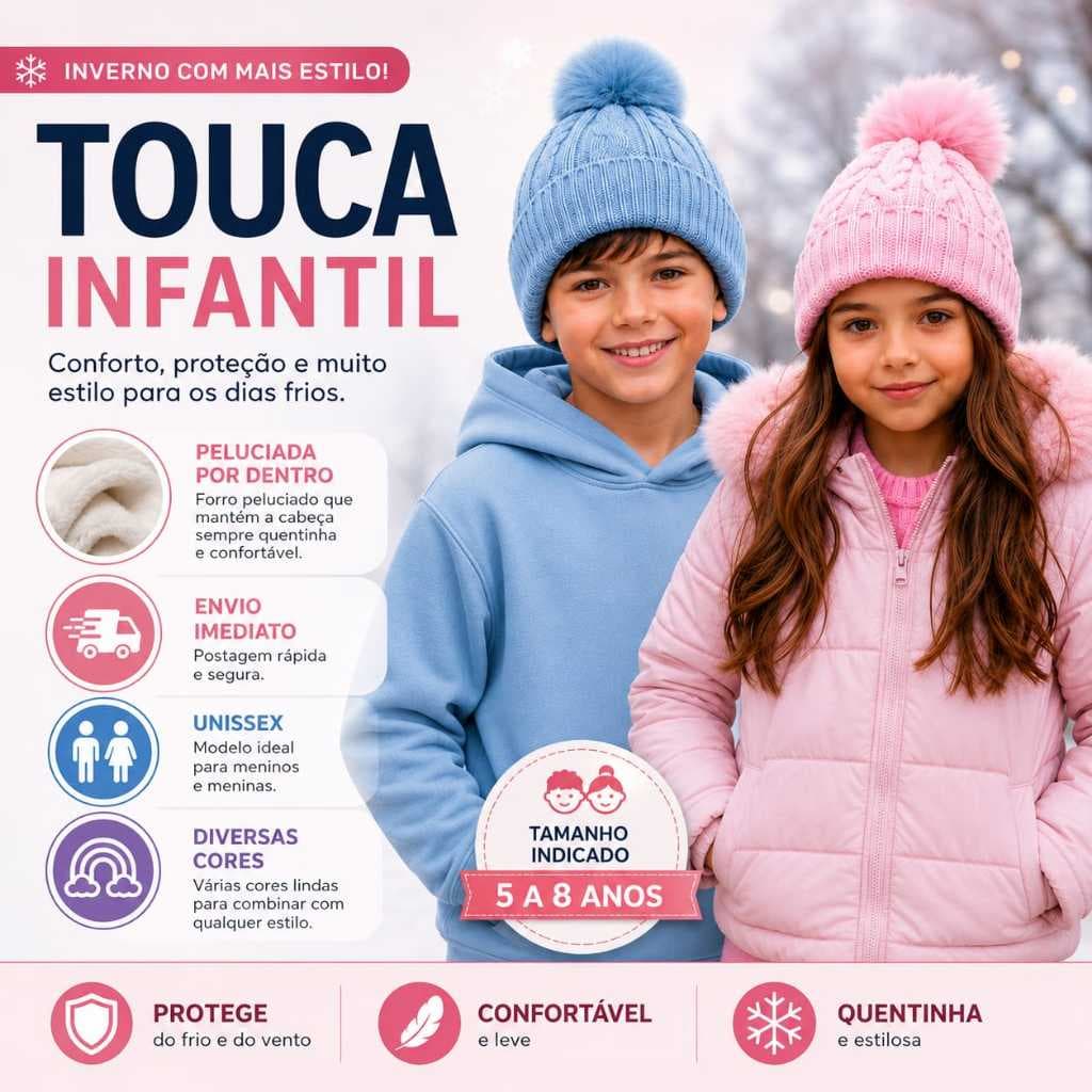 Touca Infantil de Inverno Peluciada com Pompom Unissex Quentinha | Gorro Forrado | 5 a 8 Anos | Menino e Menina