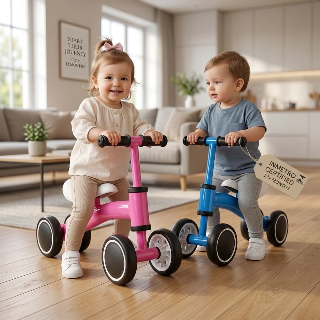 Bicicleta Infantil de Equilíbrio Sem Pedal 4 Rodas Azul Rosa +12 Meses INMETRO