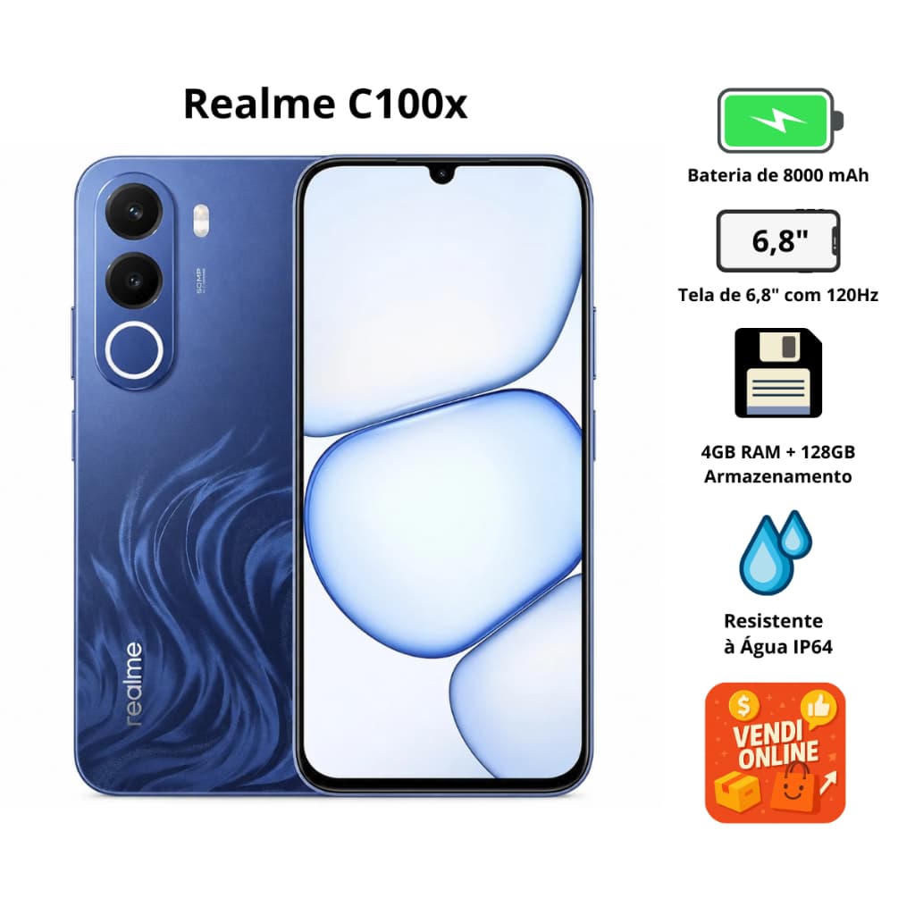Smartphone Realme C100X NFC 128/256GB Tela 6.8" 120Hz Câmera 50MP Bateria 8000mAh Dual Chip