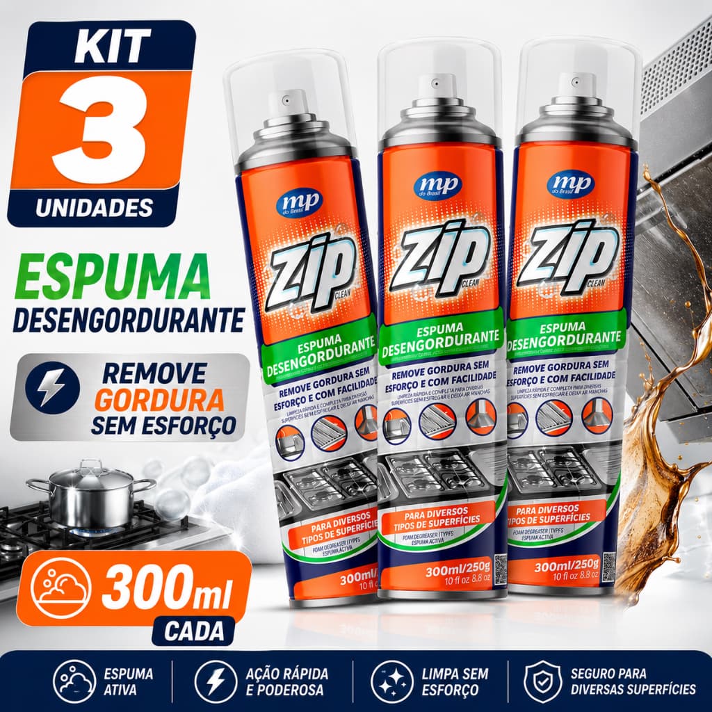 Kit 3 Desengordurante Espuma Zip 300ml Limpa Forno Fogão Cozinha Gordura Pesada