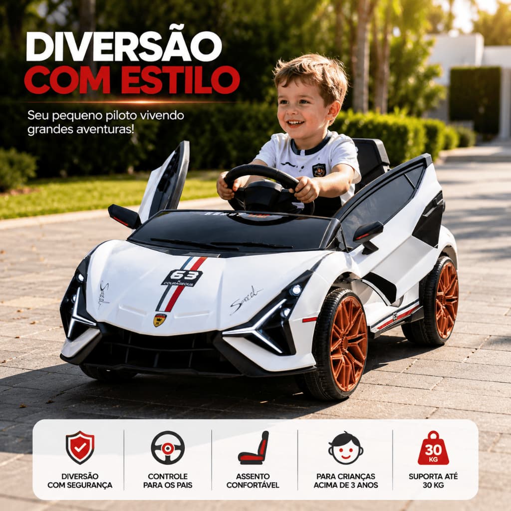 Carrinho Elétrico Infantil Com Controle Remoto Branco ou Rosa Esportivo Para Criança 3 Anos Até 30kg