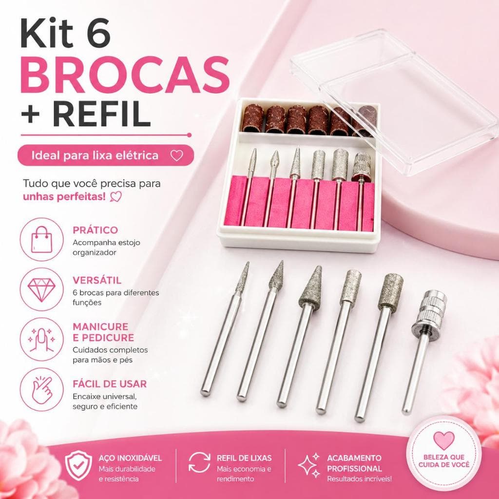 Kit Profissional 12 Peças: 6 Brocas de Precisão + 6 Lixas Refil – Acabamento de Salão em Casa!